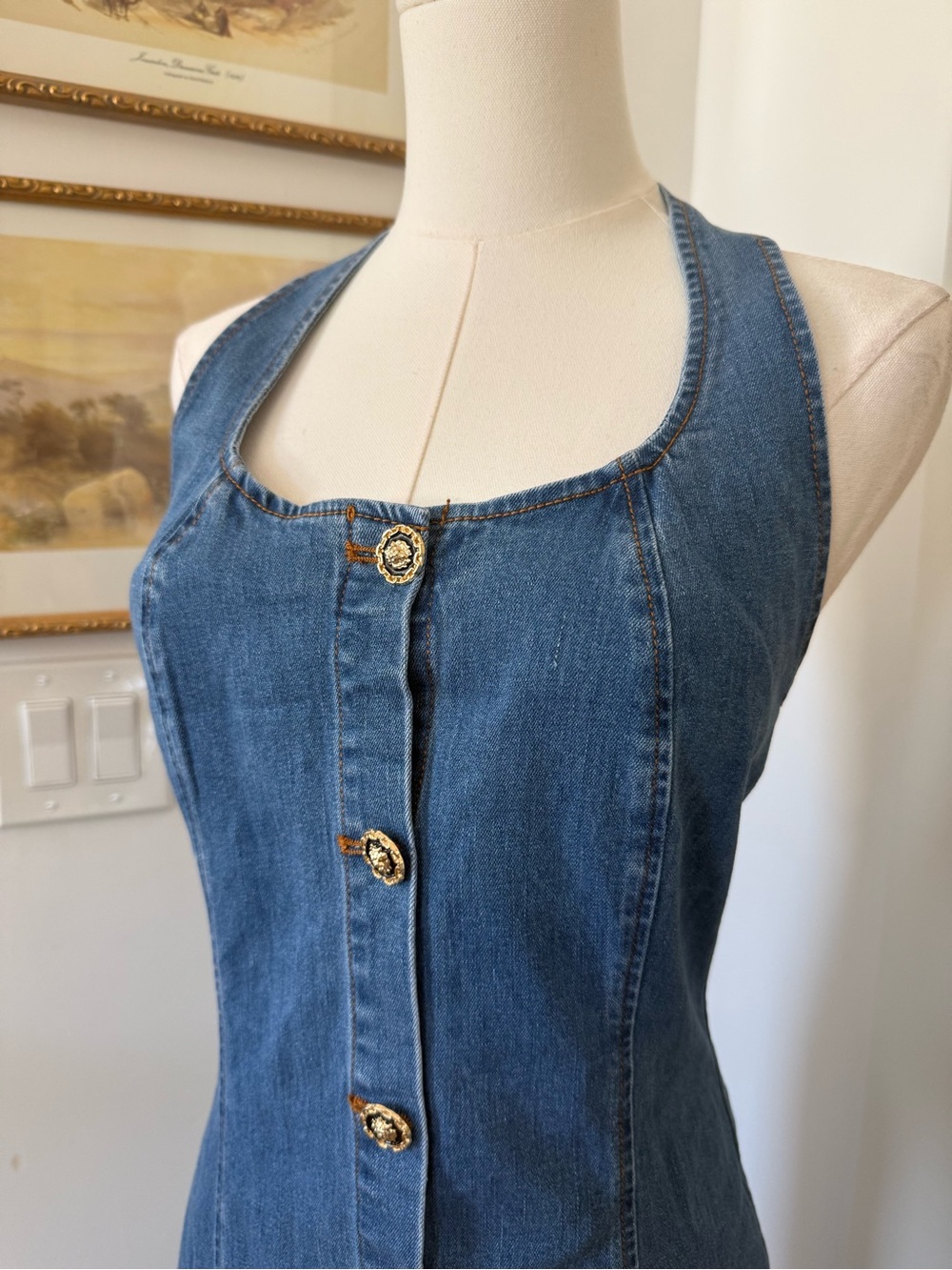 NWT Commense Cotton Denim Midi Halter Button Down Dress - Picture 5 of 8